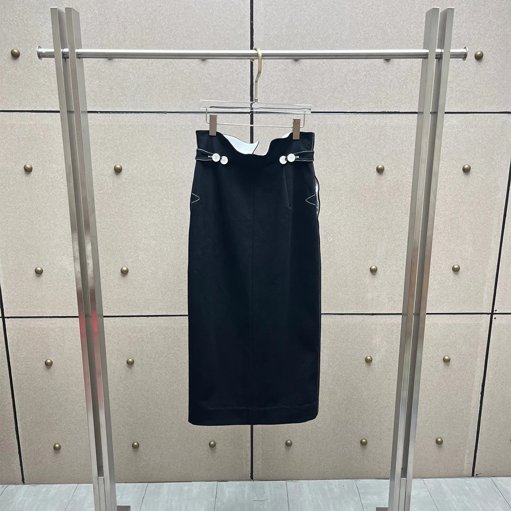 Women High Waist Midi Skirt Button Decor Wrap Skirt Elegant Office Skirt Ladies Asymmetrical Straight Skirt Work Formal Skirt