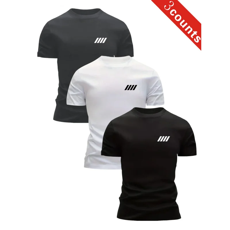 

3Mixed Print Four-Stripe Men's Ultra-Light Round NeckTShirt - Quick-drying breathable moisture-absorbing summer casual shirt