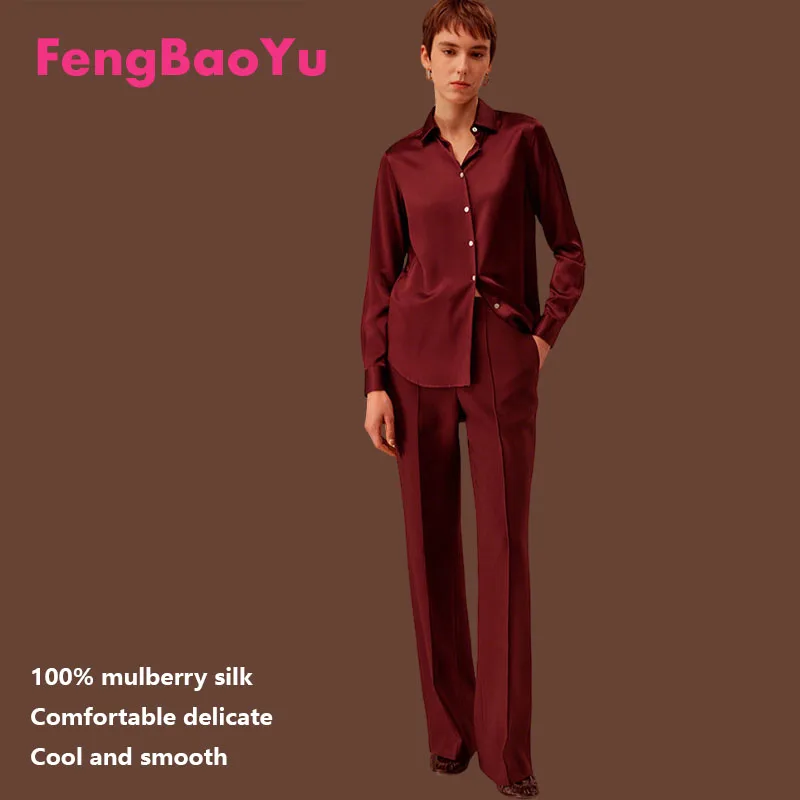 

Fengbaoyu 100% Natural Silk Women's Set - Blouse and Straight Pants (2 Pieces) - Elegant, Simple and Sophisticated Clothing
