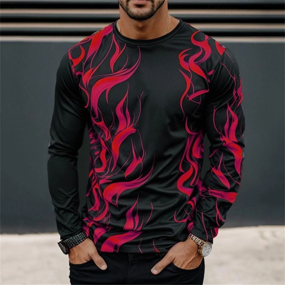 

Cool Irregular Fire T-shirts Men's Clothing Long Sleeve O-neck Oversized T Shirts 3D Printed Colorful Stone Design Sense Tops