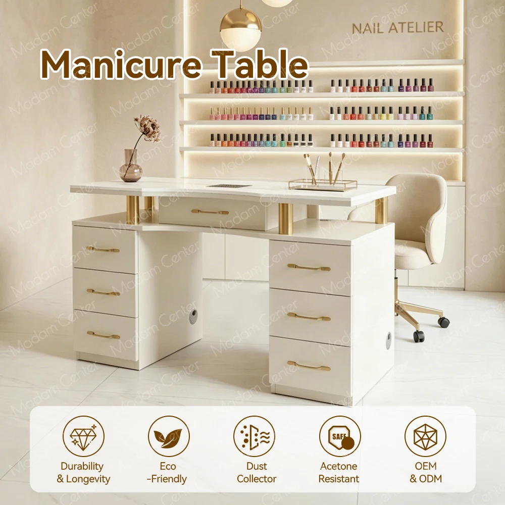 Madamcenter Marble Top Nail Salon Table Desk Station Manicure Set with Dust Collector Multifunctional Luxury Modern Design