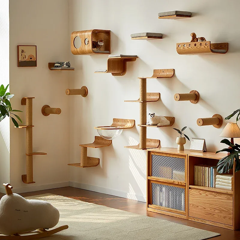Wall-Mounted Cat Climbing Shelf Wooden Cat Tree Cat Scratching Post Jumping Platform Hide House Grinding Claws Toy Pet Furniture