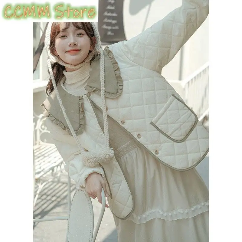 Splicing Doll Collar Women's Cotton Coat Autumn Winter New Foreign Female Rhombic Design Thick Jacket Warm Velvet Overcoat
