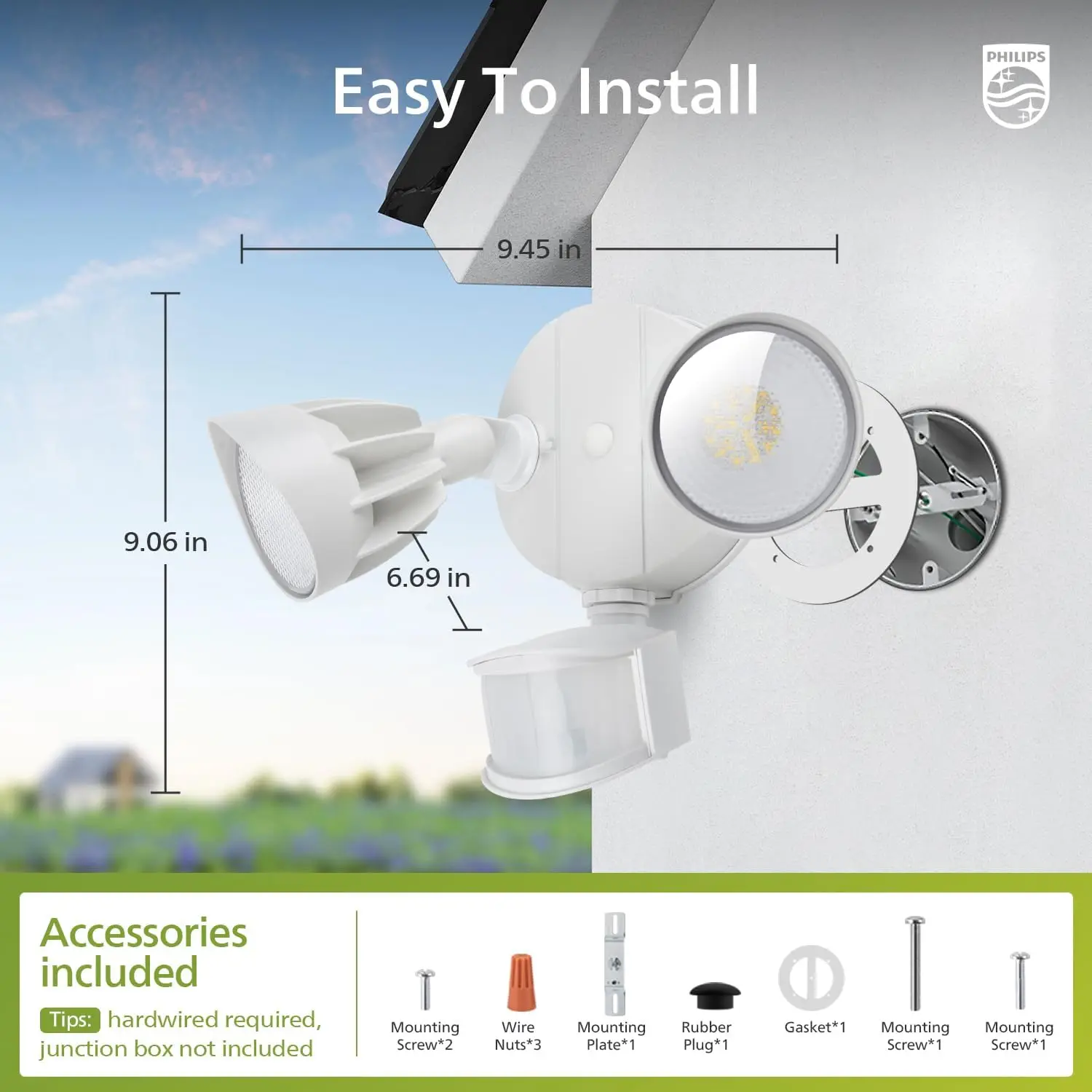 Luce di sicurezza a LED da 44 W 4200 lm con sensore di movimento PIR, luce di inondazione esterna impermeabile, dal tramonto all'alba, 2 teste, 4 modalità