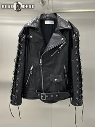 Italian Designer Women Moto Biker Cowhide Genuine Leather Jacket Lace Up Rock Stage Show Coat Belted Autumn Luxury Punk Jacket