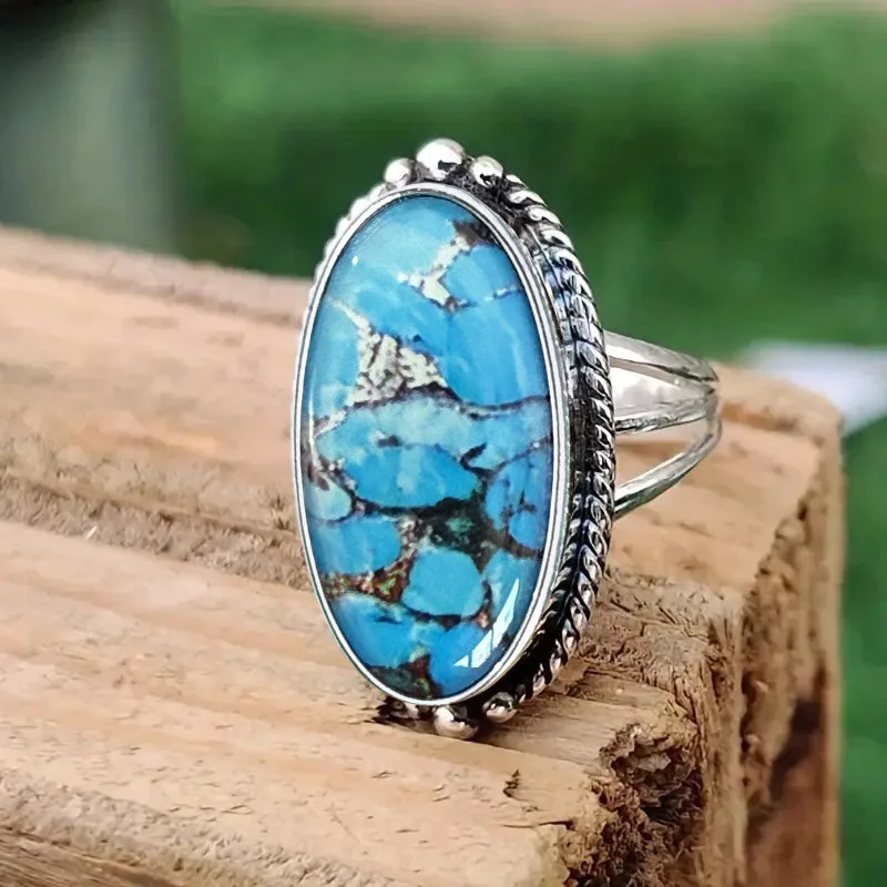 European and American New Metal Fried Dough Twists Collar Ring for Women Simple Design Long Oval Imitation Marble Jewelry