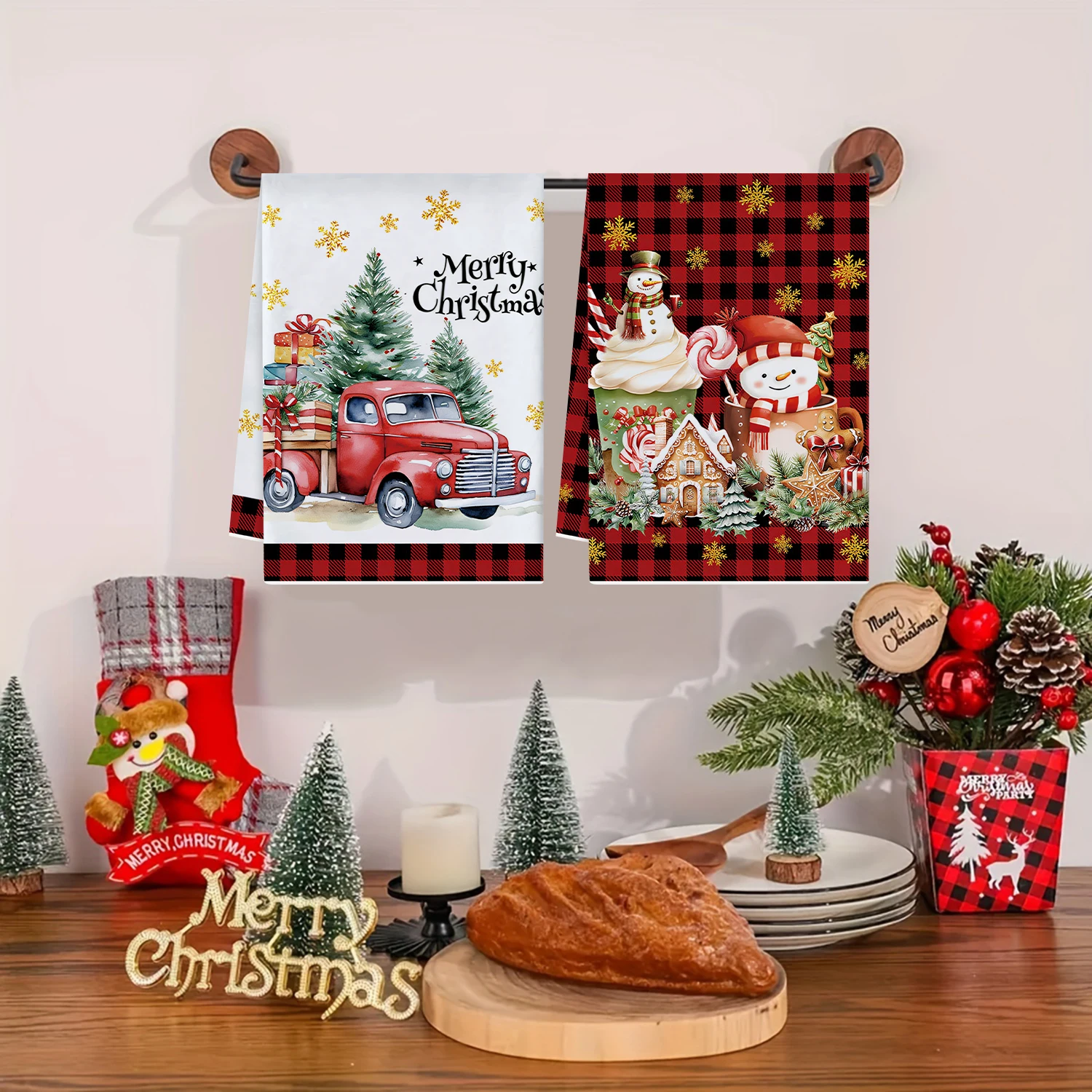 

2 Pcs Christmas Kitchen Towels Absorbent Dishcloths with Christmas Tree & Reindeer Truck Design for Holiday Home Decoration