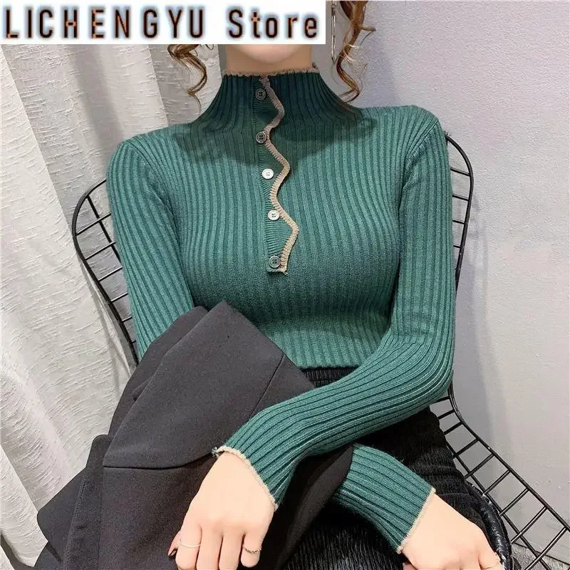 Autumn and Winter Women's Solid Half High Collar Long Sleeve Slim Knitted Sweaters Jumpers Button All-match Fashion Casual Tops 3