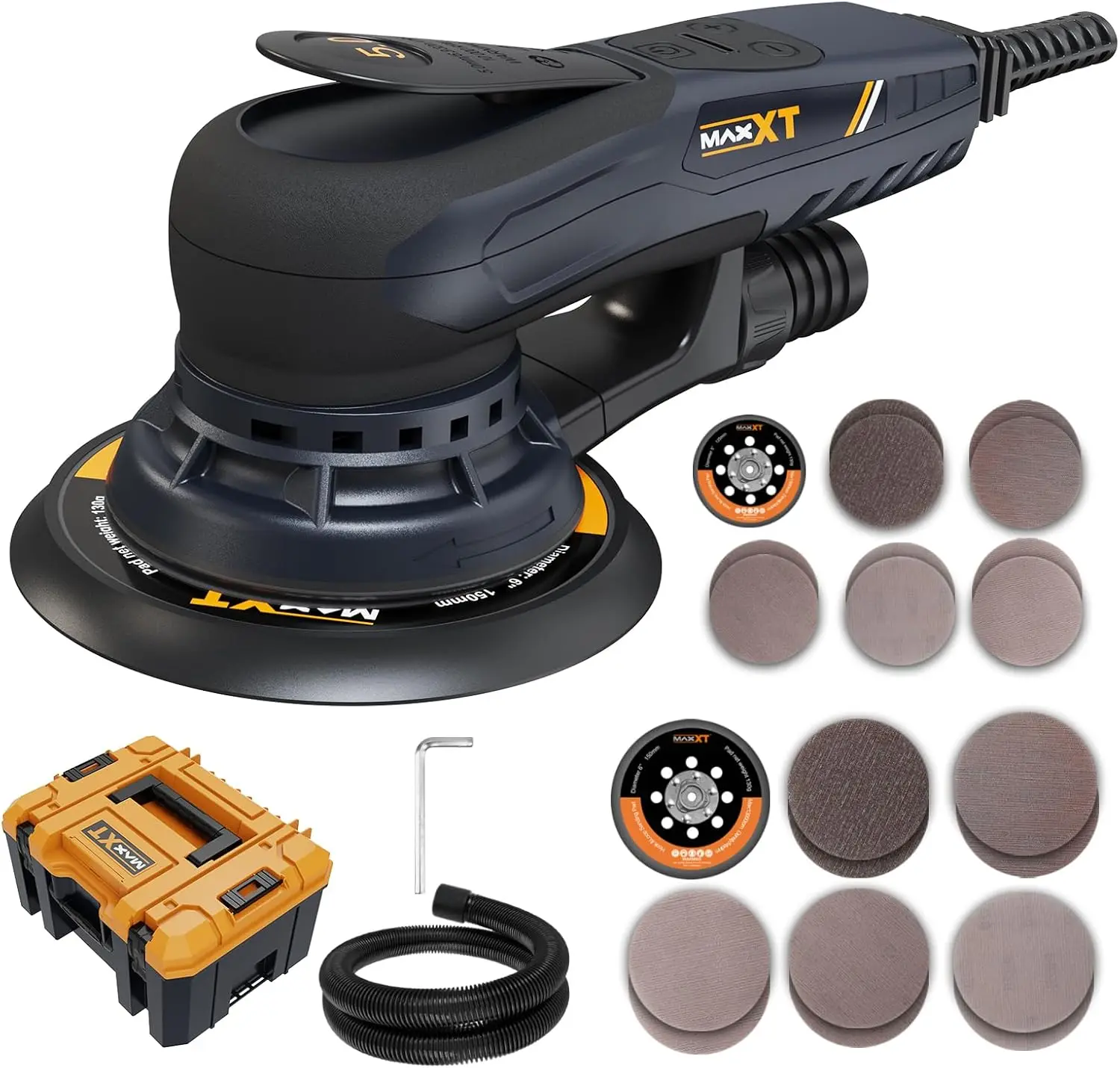 Electric 5mm Random Orbital Sander with Tool Case, Variable Speed Palm Sander with Brushless Motor, 5&6Inch Sanding Pads, Sander