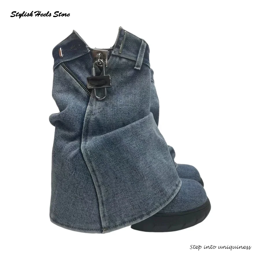 

Стильные женские джинсовые ботильоны со складками и металлическим замком, круглый носок, увеличивающие рост, ботинки до середины икры, модные современные ботинки