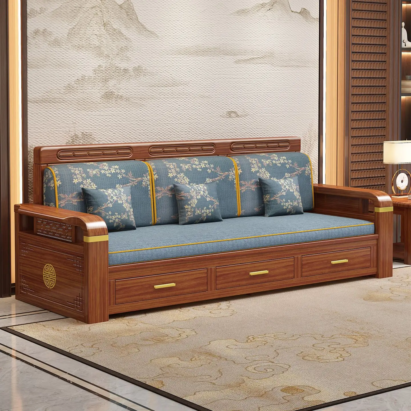 Living room winter and summer dual-purpose sitting and sleeping integrated drawer solid wood sofa bed