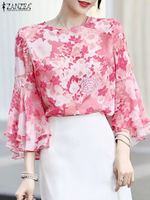 ZANZEA Elegant Women Chiffon Blouse Summer Printing Flared 3/4 Sleeve Tops Vintage Chiffon Tops Holiday Retro Floral Print Tunic