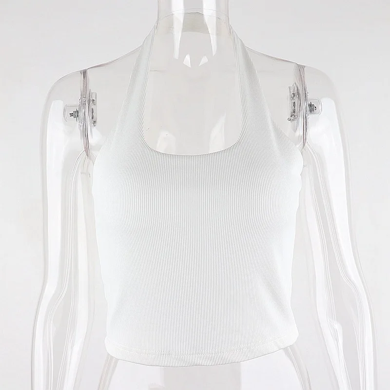 Weißes Neckholder-Tanktop, sexy, rückenfrei, für Damen, Streetwear, 2023, ärmellos, geripptes Strickweste-Top, abgeschnitten, feminino – Detail 12