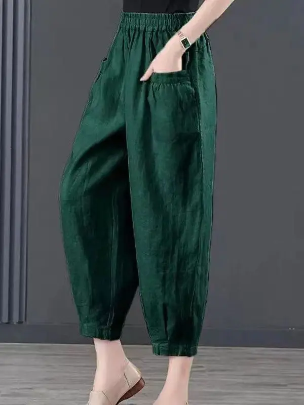 Ice Silk Cotton Linen High Waist Elastic Lantern Pants Women's Loose Harlan Pants Asymmetric Commute Sle Summer 2025