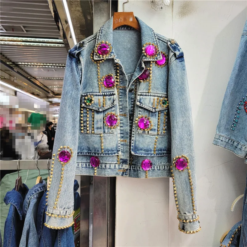 

Autumn Jean Stons Short Jacket Female Long Sleeve Personality Metal Frame Denim Jacket Punk Streetwear