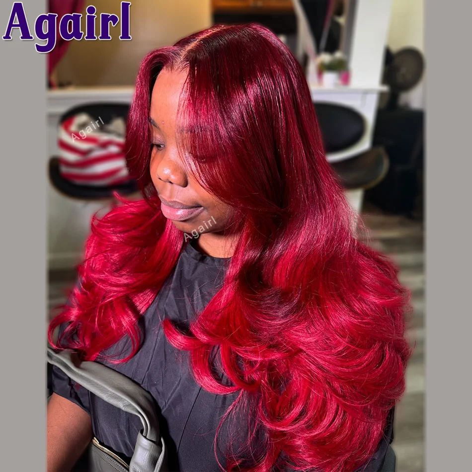 Ombre Red Burgundy 13X6 13X4 Lace Frontal Human Hair Wigs PrePlucked Red Body Wave Lace Front Wig For Women 6X4 Closure Lace Wig