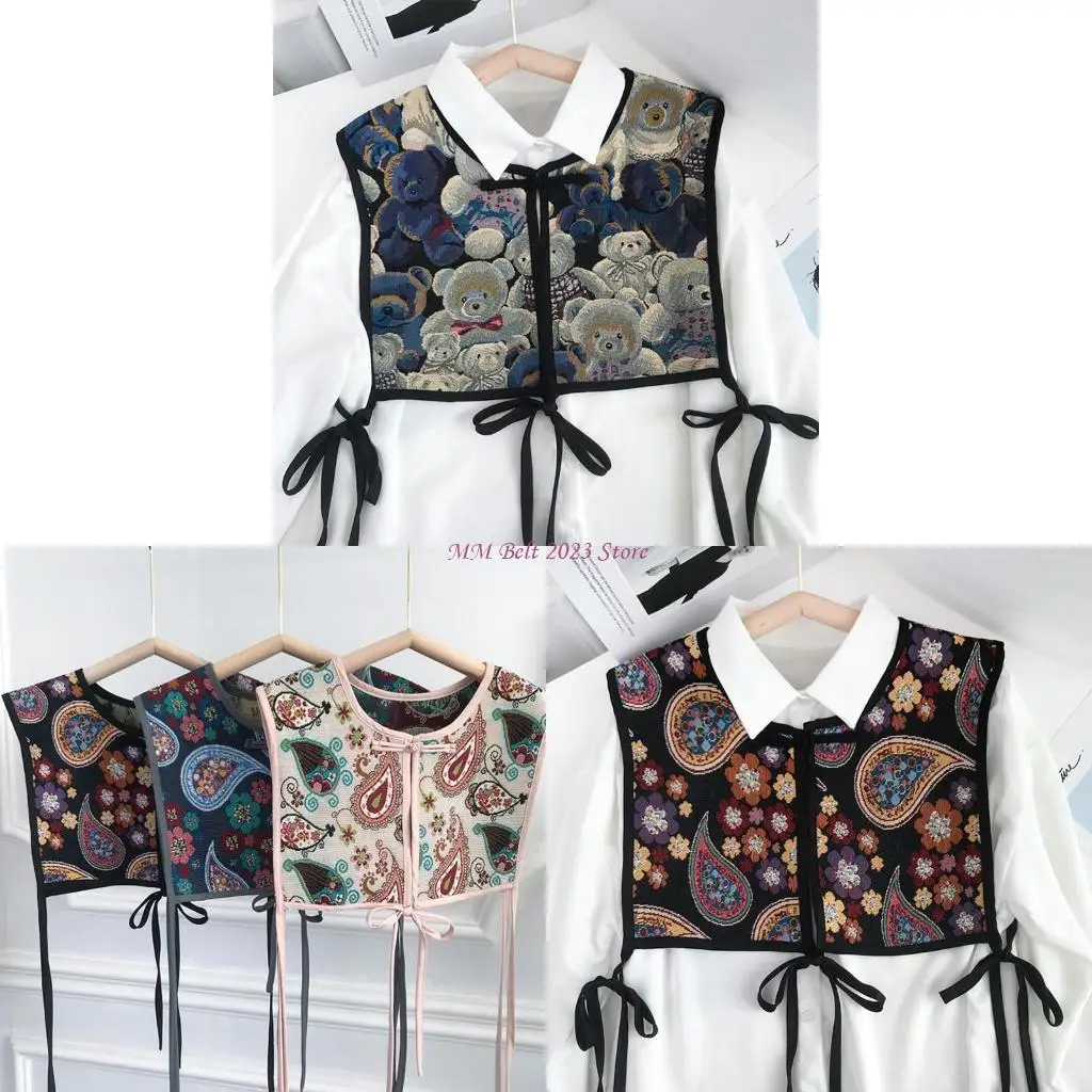 49me-女性中国風の刺繍ハーフトップショールヴィンテージ-flroal-チャイナ偽襟装飾ネックカバーディッキーケープレット