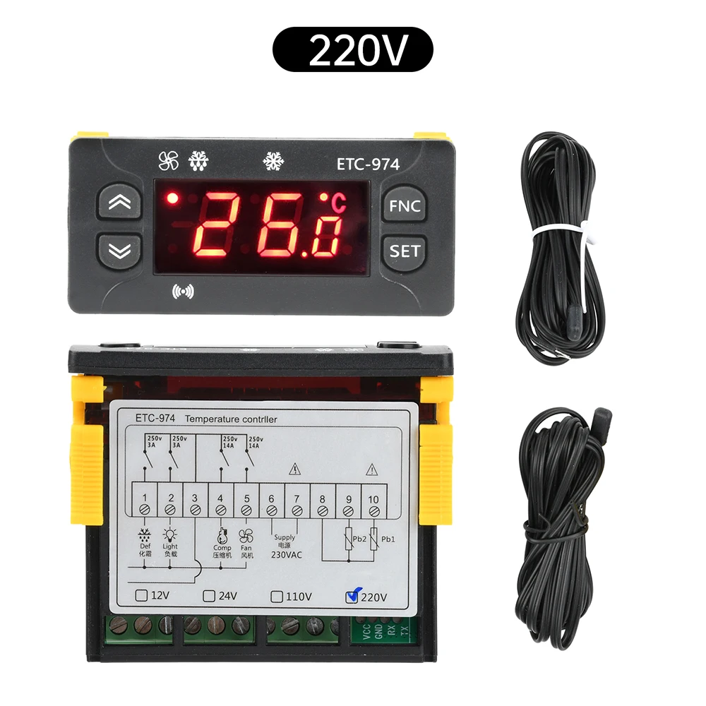 Dc 12v/24v ac 110v/220v ETC-974 controlador de temperatura geladeira descongelamento controle aquecimento termorregulador com sensor ntc