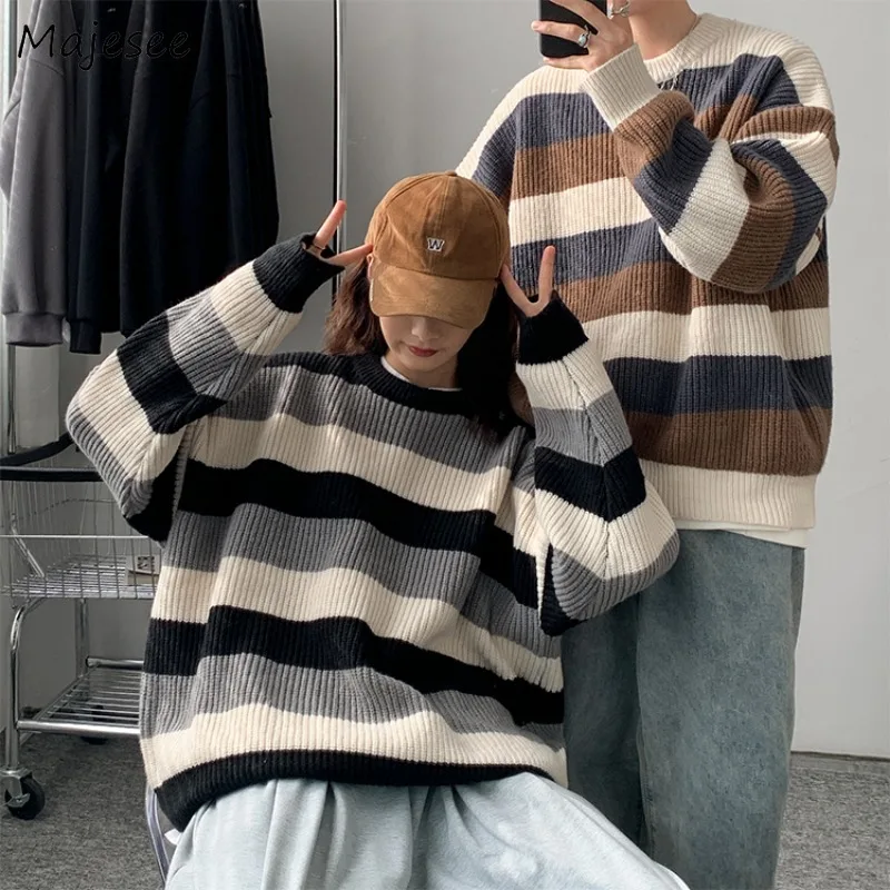 

Knitted Pullovers Men Striped BF Casual Couples All-match Korean Fashion Loose Outwear Y2k Sweater Harajuku Streetwear Chic Ins