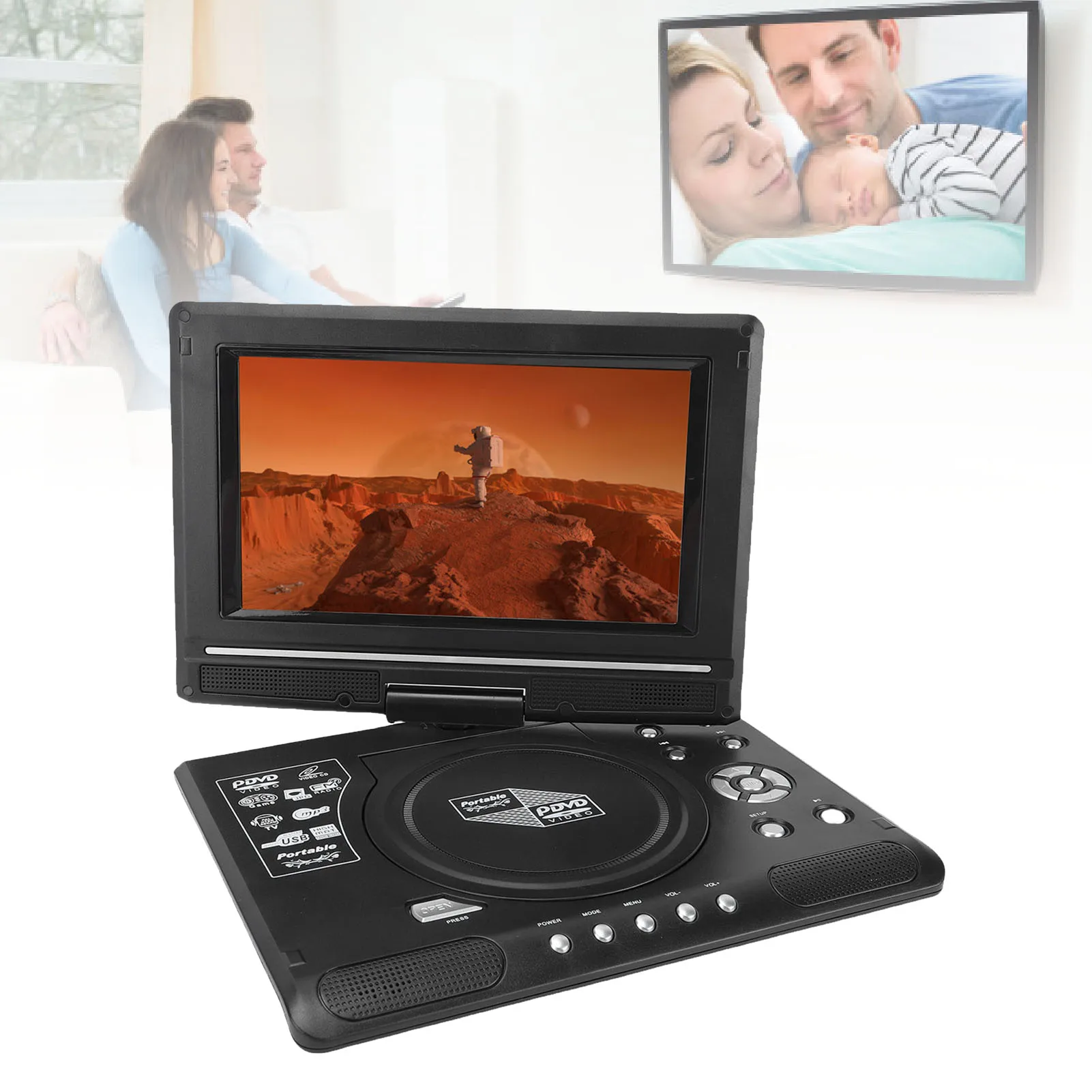 Portable DVD Player with Dual Speakers Antennae Swivel Screen Remote Car DVD Player Support USB Input AV Output Multiple Disc