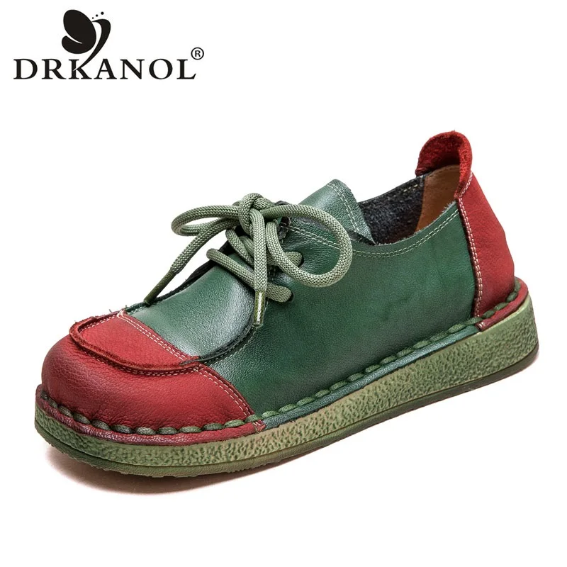 DRKANOL Mixed Colors Genuine Leather Flat Shoes Women Soft Comfort Lace-Up Round Toe Retro Style Outside Casual Single Shoes