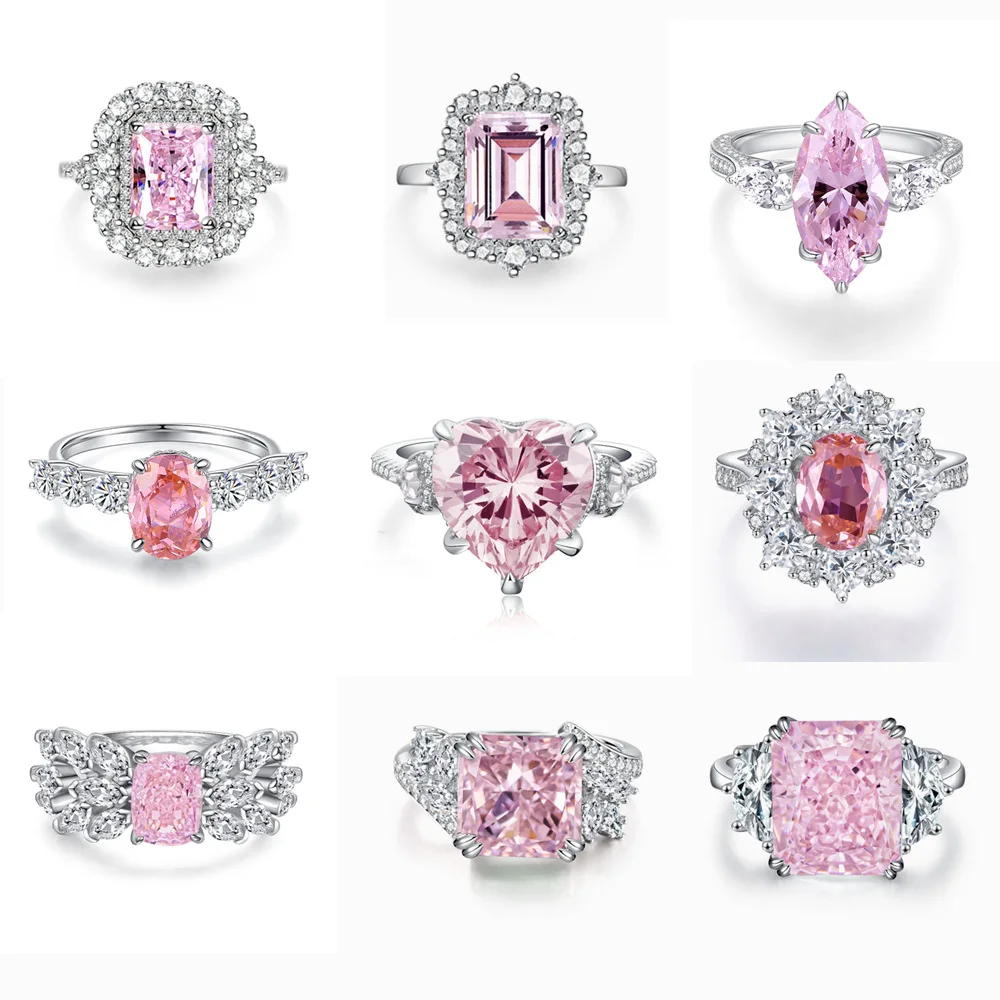 Created Pink series High Carbon Diamond Gems Wedding Party Ring for Women 100% 925 Sterling Silver Boutique Jewelry Wholesale