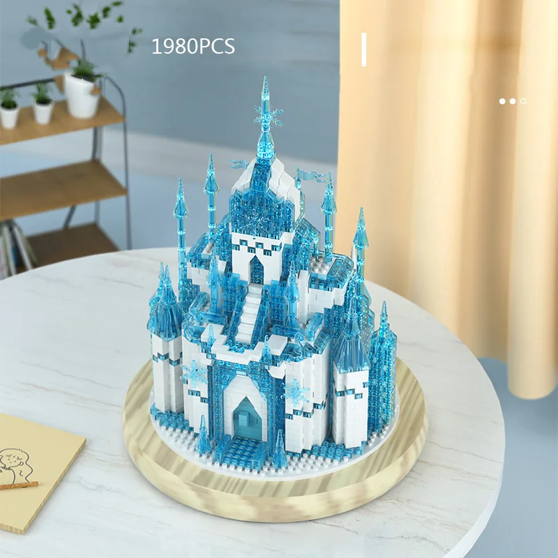 Idea Micro Diamond Block Fairy Tale Elsa Ice Snow Castle Moc Building Brick Model Display Stand Nanobrick Toy For Girls Gifts