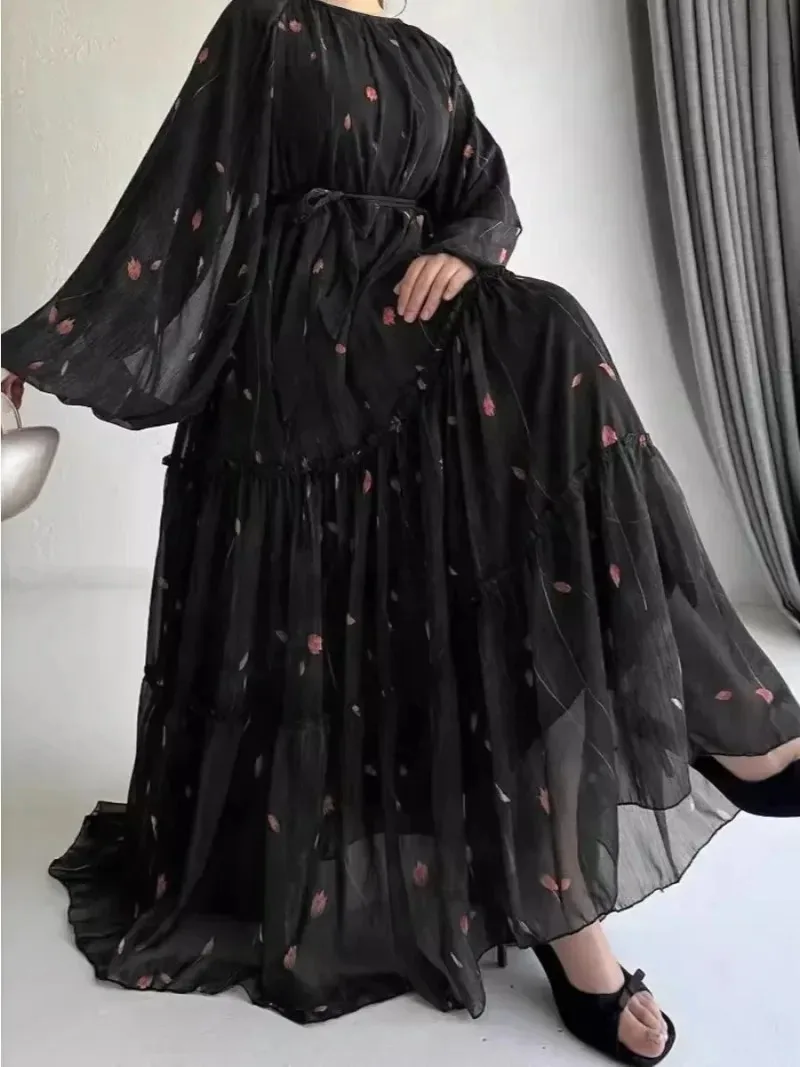 Eid มุสลิม Abaya ชุดผู้หญิงพิมพ์ชีฟอง Sashes Jalabiya Kaftan อิสลาม Vestidos Largo อาหรับยาว Robe Ramadan โมร็อกโก Abayas