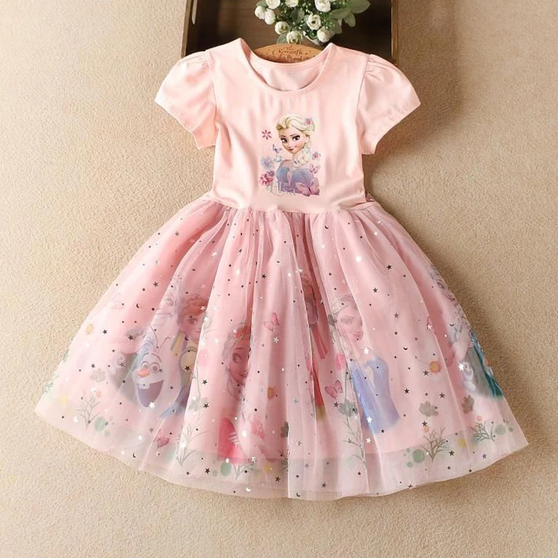 Girls Dress Cartoon 2024 Summer Frozen Fashion Children\'s Elsa Princess Baby Girl Toddler Short Sleeve Cute Party Dresses 3-9Y