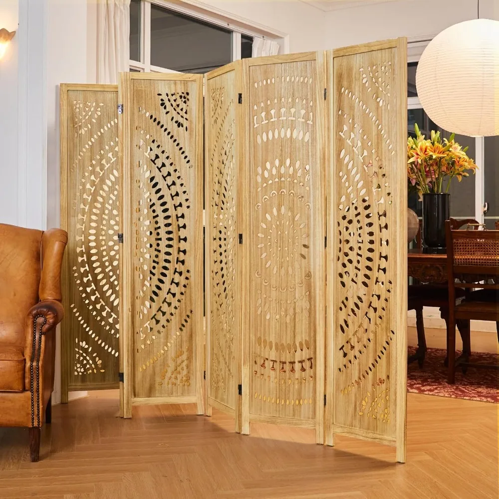 Folding Room Divider, Wood Carved Privacy Screens, Free Assembled Freestanding Partition for Home Office Restaurant