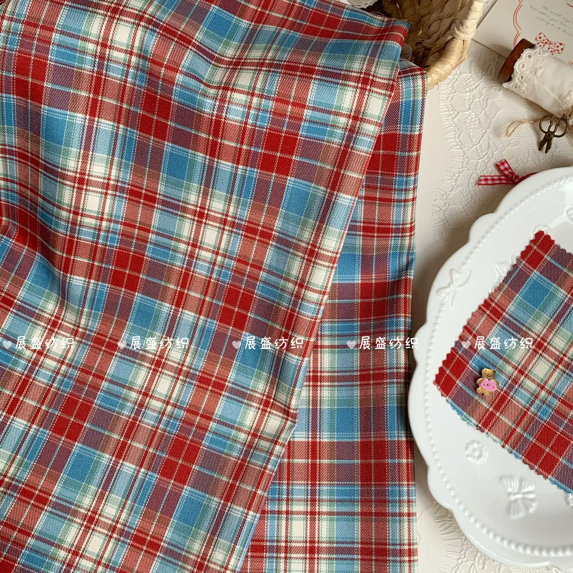 145x50cm British Style Red Blue Checkered Polyester Fabric for Handmade Bags Clothes Hair Accessories Sewing Cloth