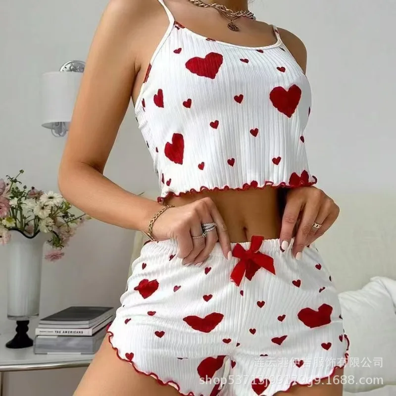 New Student Summer Heart Print Tank Top Shorts Set Casual Sleepwear Girls Be Worn Outside Woman Casual Homewear Two-Piece Ladies