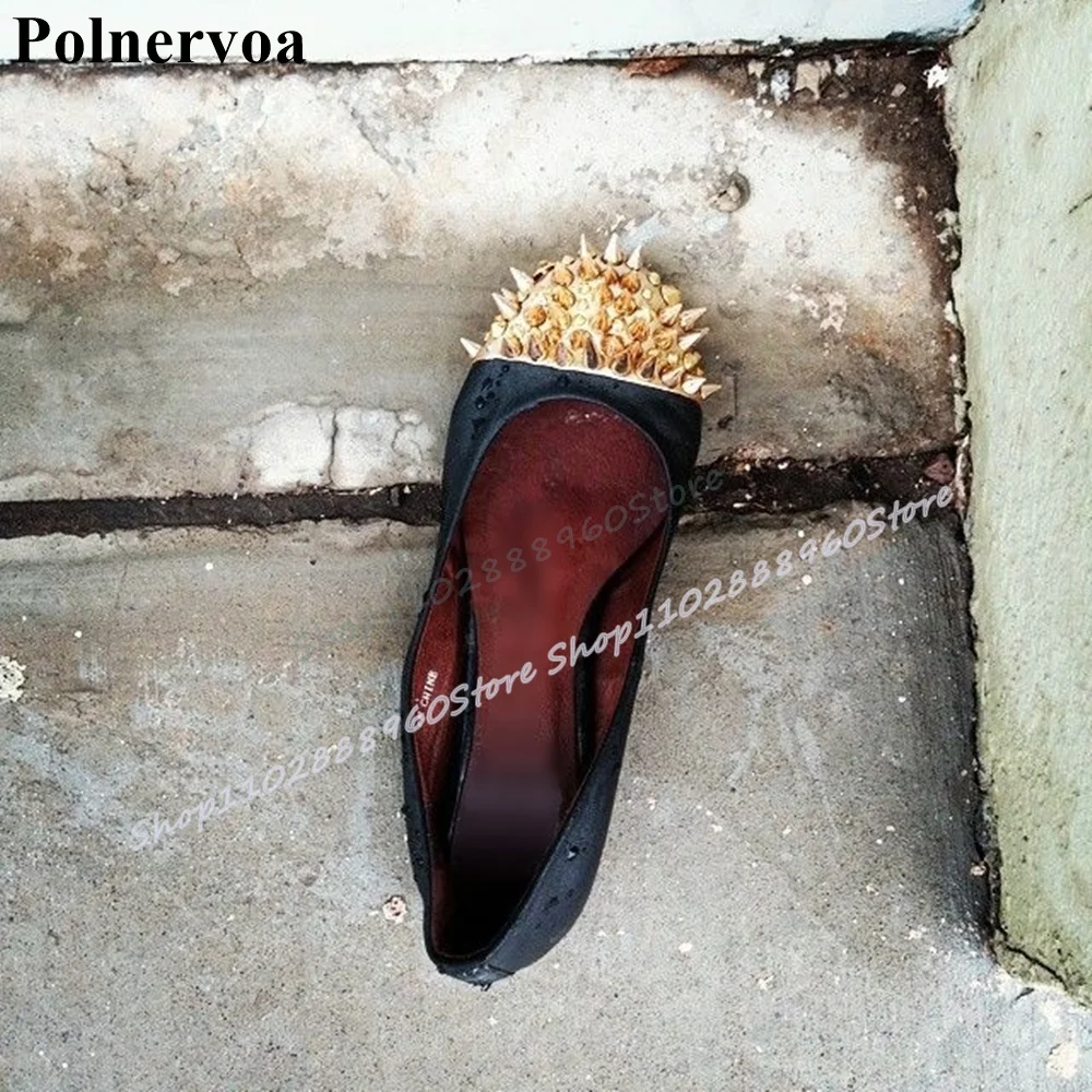 

Sexy Splicing Black Shallow Gold Toe Rivets Pumps Flats Shoes For Women Slip On Round Toe Casual Banquet Luxury Women Pumps