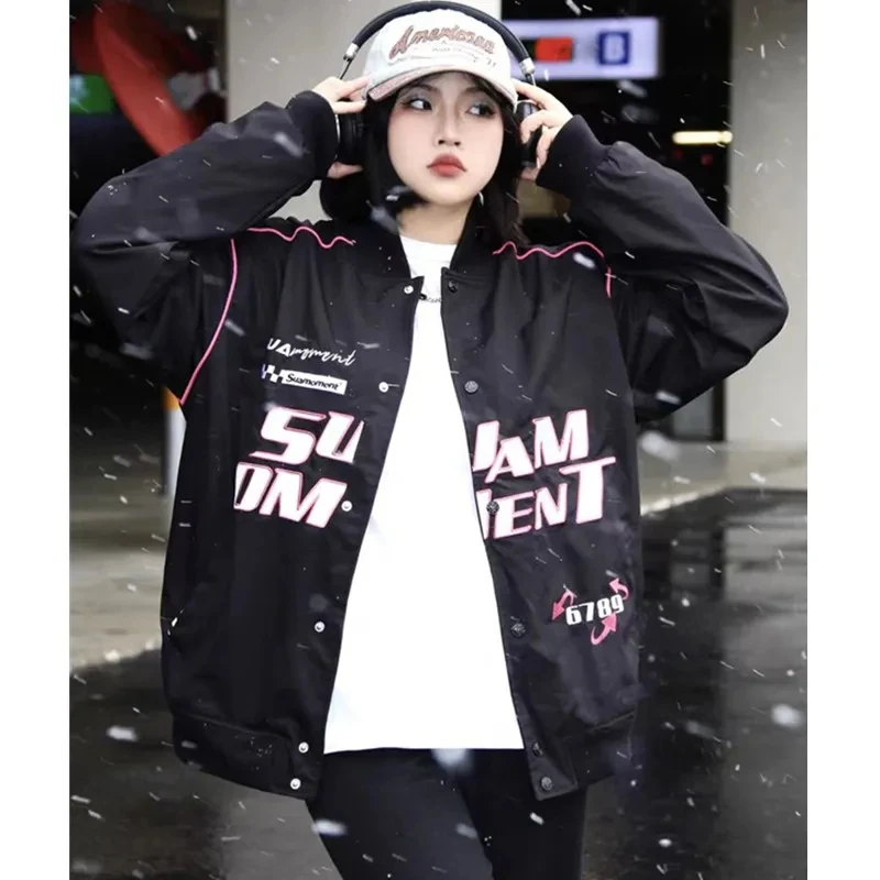 

Oversize couple flight jackets Spring Autumn Hip Hop High Street Brand Stand Collar Bomber Varsity Racing Woman Jacket Coats