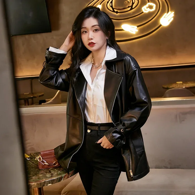 23Spring Autumn Real Leather Jacket Women Genuine Sheepskin Leather Coat Women Suit Collar Mid-length Loose Leather Jackets Belt