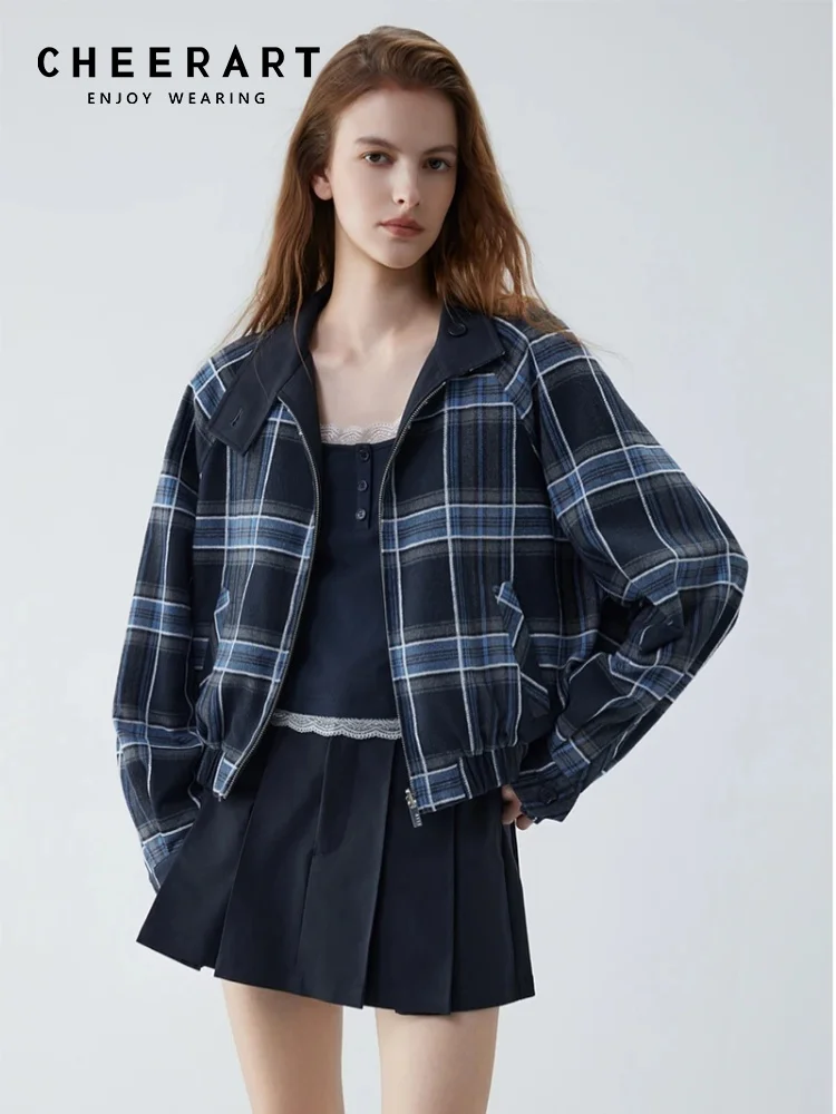 

CHEERART двусторонняя клетчатая куртка для женщин, осенняя одежда, темно-синяя верхняя одежда, пальто на молнии с воротником-стойкой, осень 2023 г.