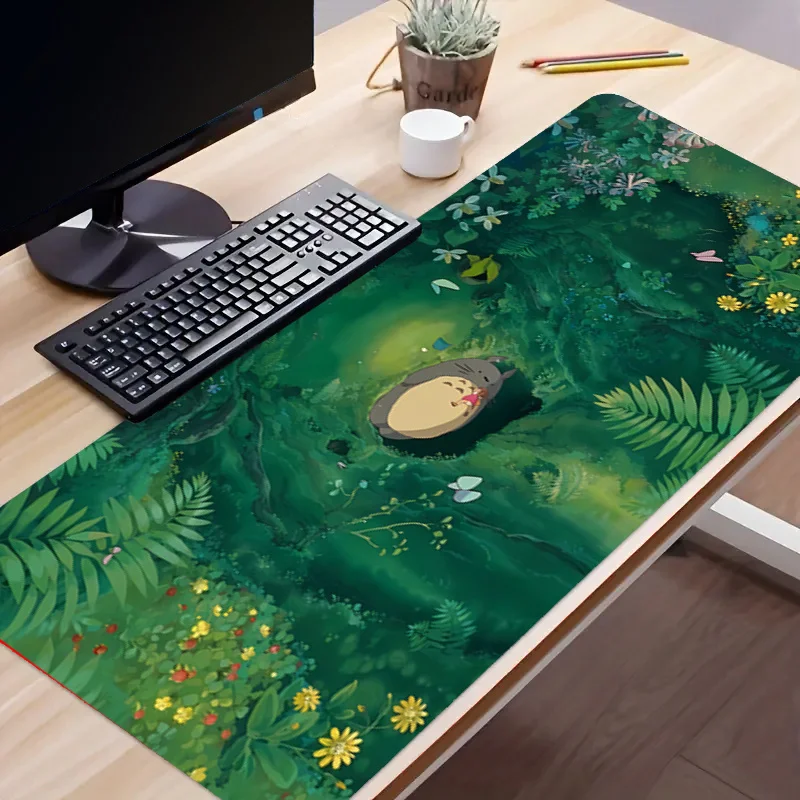 Cute Anime Gaming Mouse Pad with Stitched Edges - Large Desk Mat for Office and Home Use - Cottage Core Decor in Green