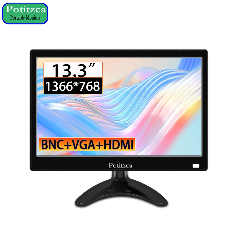 Портативный монитор 13,3-дюймовый дисплей 1366x768 HD 16:9 HDMI VGA BNC AV-порт Внешний монитор для ноутбука/ПК/Raspberry pi/PS4/Xbox