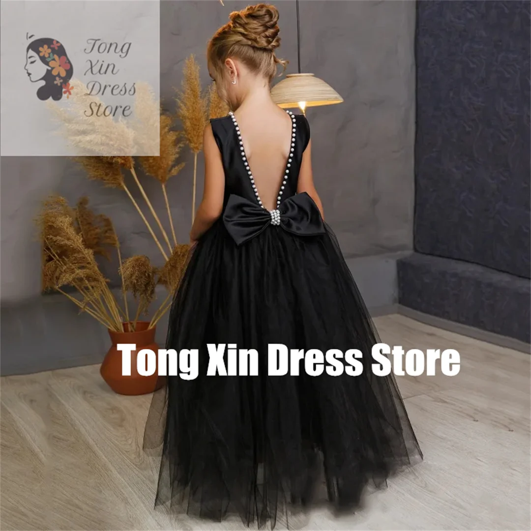 

Индивидуальные черные платья из тюля с жемчугом и бантом без рукавов для девочек на свадьбу, день рождения, первое причастие