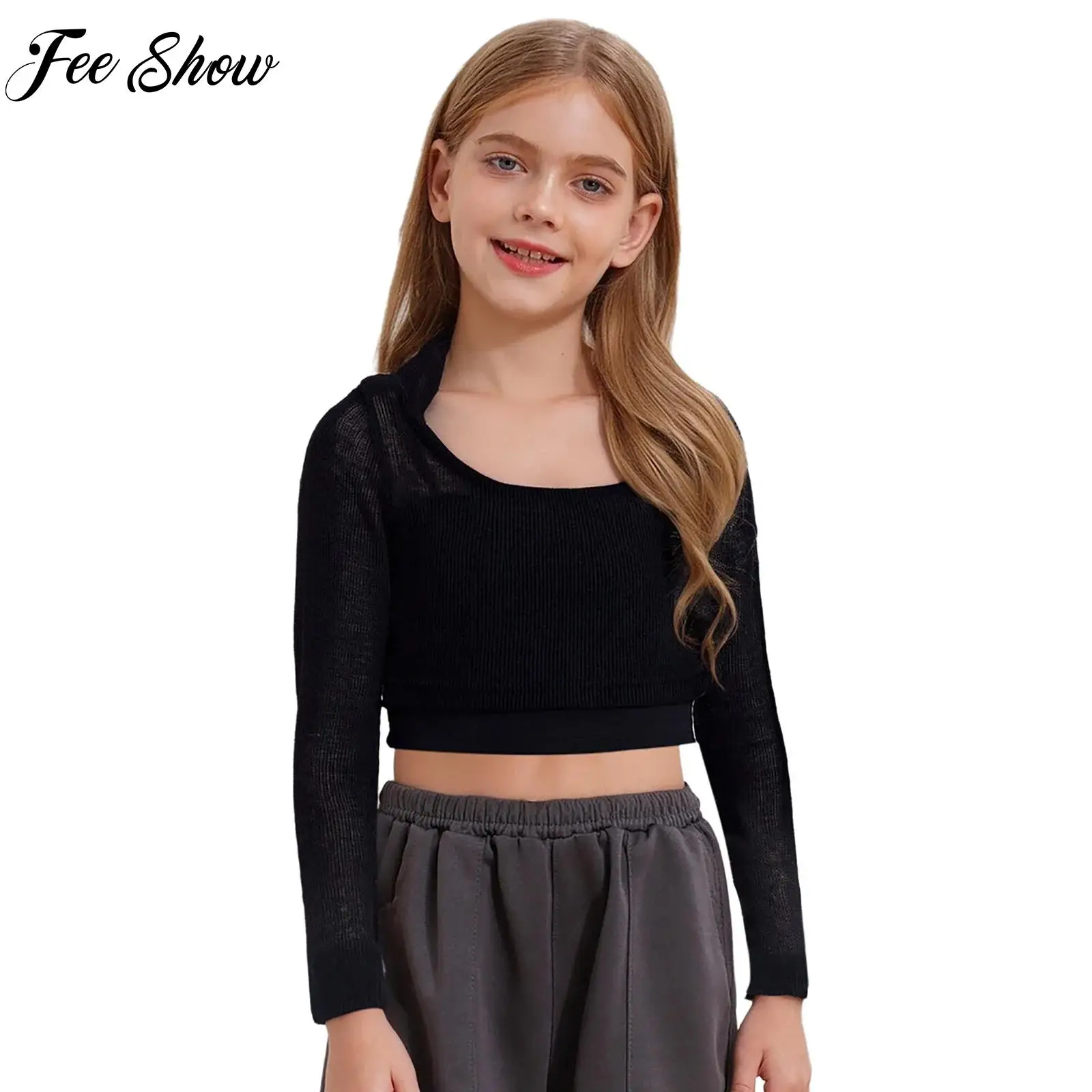 

Girls Jazz Dance Tops Hip Hop Street Costume Black White Long Sleeve See-Through Hooded Crop Top with Spaghetti Straps Camisole