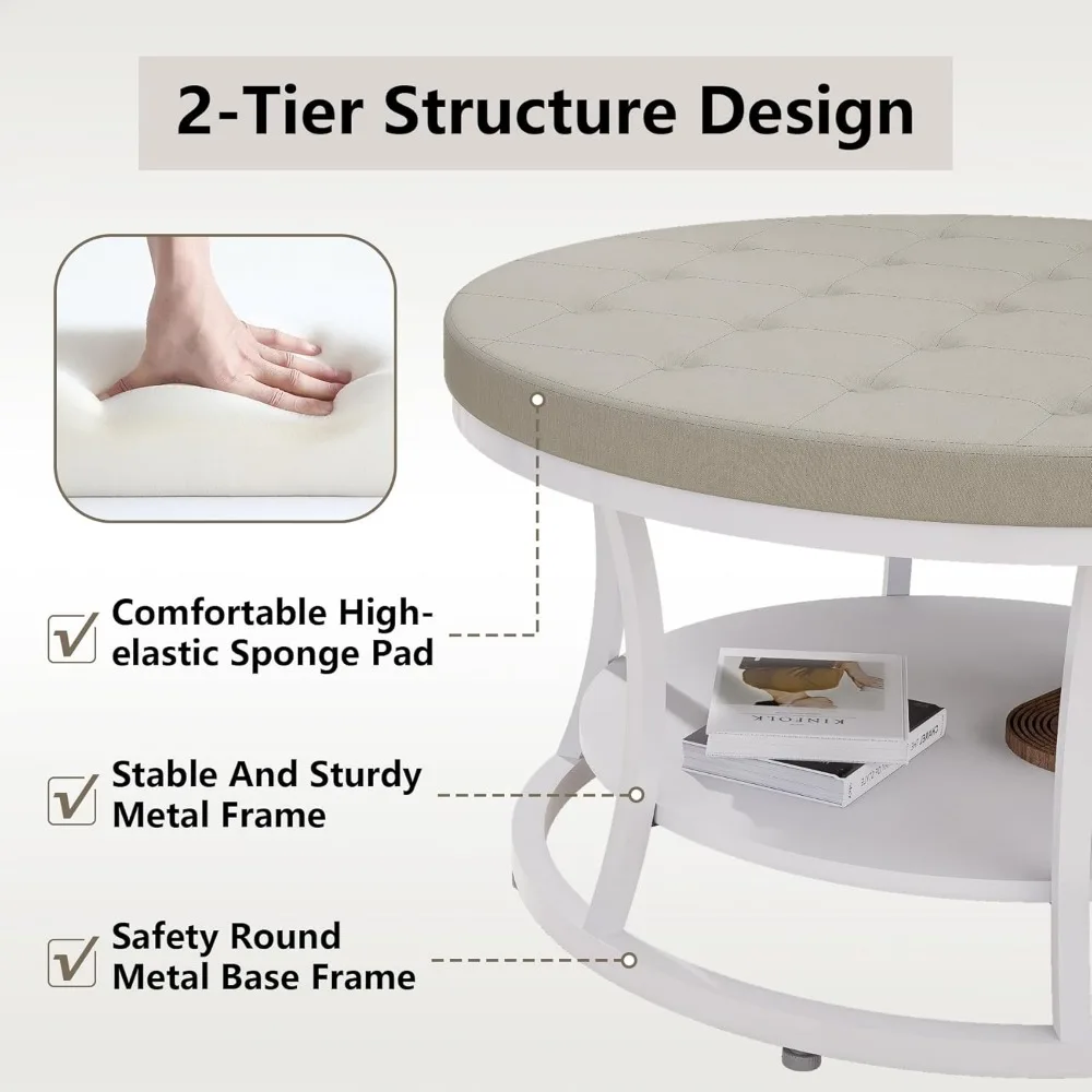 Large Round Storage Ottoman with Upholstered Button Tufted Linen Fabric and Metal Frame