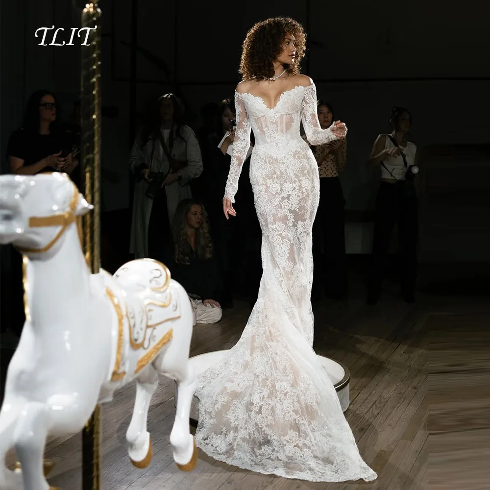 TLIT Vintage Ivory Lace Mermaid Wedding Dresses Customized Sweetheart  فساتين زفاف Off Shoulder Long Sleeve Bridal Gow