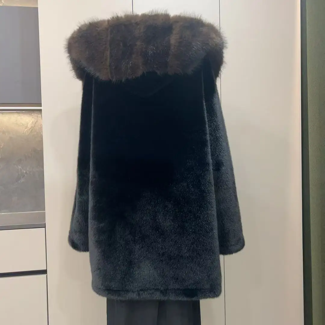 النساء فو الفراء منتصف طول معاطف جاكيتات معطف مقنع سميكة الدافئة Y2k الشارع الشهير سترة الدانتيل يصل العمل الأنيق الخريف الشتاء 2025