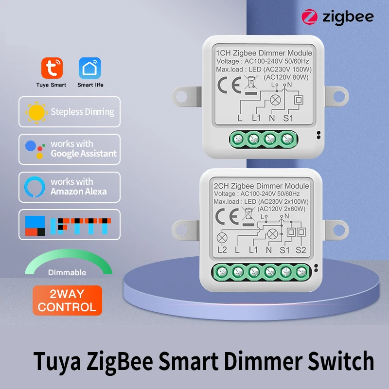 Zigbee Dimmer Switch Tuya Smart LED Lights 1/2 Gang Dimmers Switch Module Supports 2 Way Control Work for Alexa Google Home