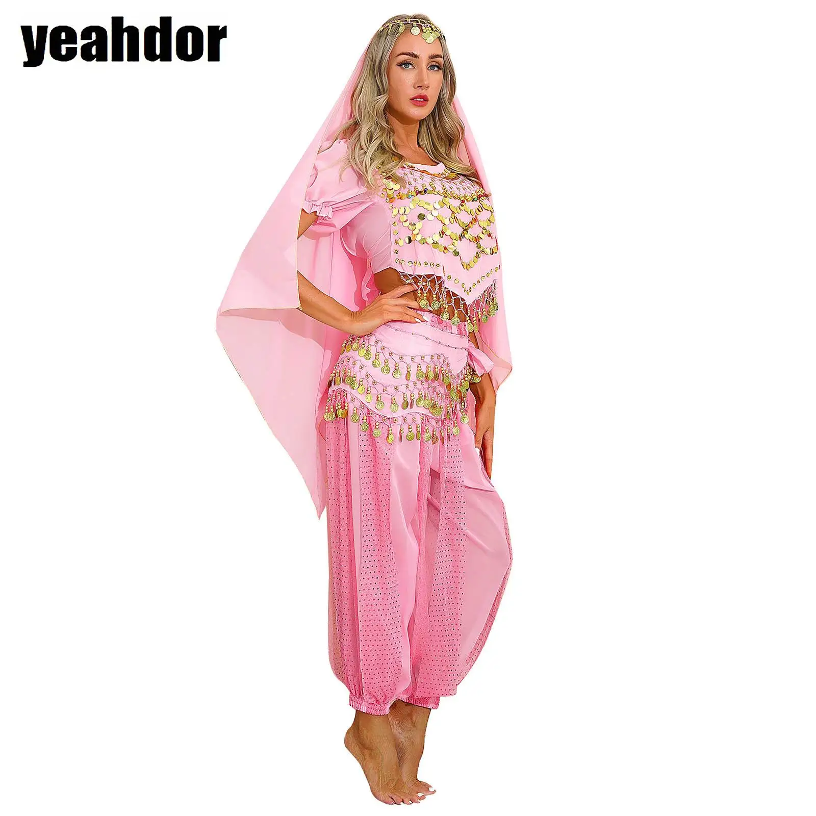 女性ベリーダンス衣装ショートパフスリーブスパンコールクロップトップスとハーレムパンツヒップスカーフヘッドスカーフハロウィンインドダンス衣装