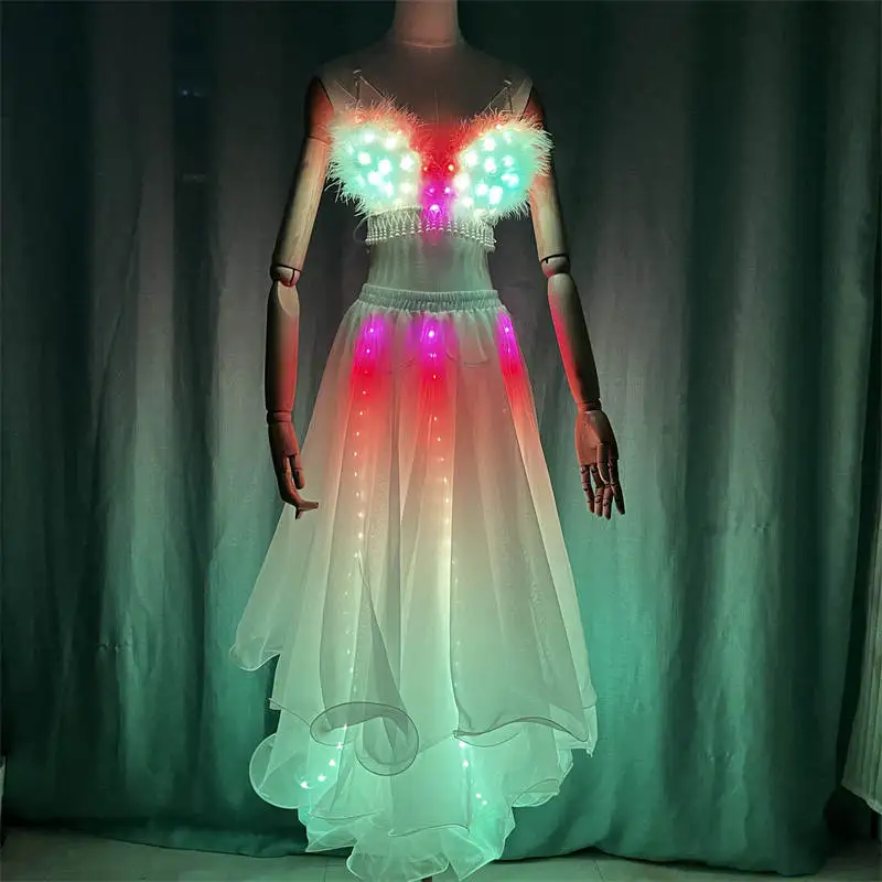 

Customized LED Colorful Sparkling Performance Dress Feather Bra Belly Dance Costume DJ Night Light Collar Dance Dress