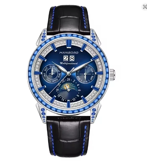 

Мужские часы с календарем HANBORO, лучший бренд, роскошные мужские часы с механизмом, механические водонепроницаемые блестящие бриллиантовые кристаллы