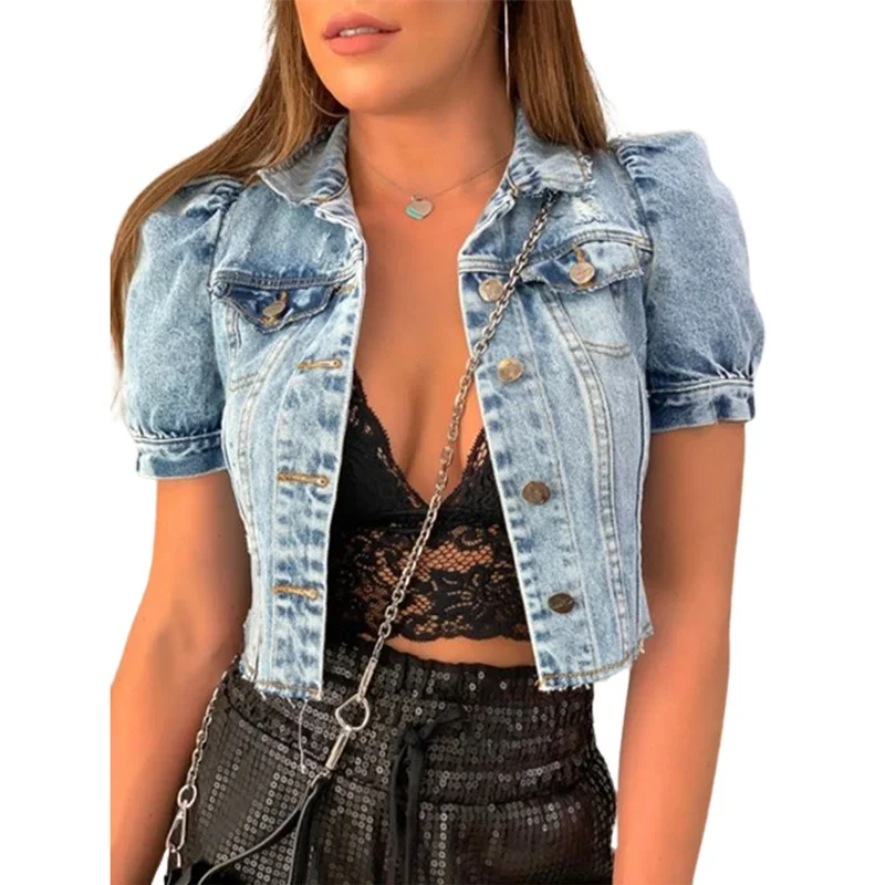 Women Vintage Short Denim Jacket New Fashion Bubble Short Sleeve Solid Color Outerwear 2023 Summer Single-breasted Cardigan Coat