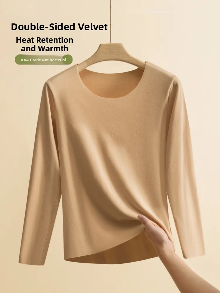 Double-Sided Fleece Thickened Long Sleeve round Neck Warm Top Women's Autumn Winter Seamless Underwear Cotton Thermal Shirt