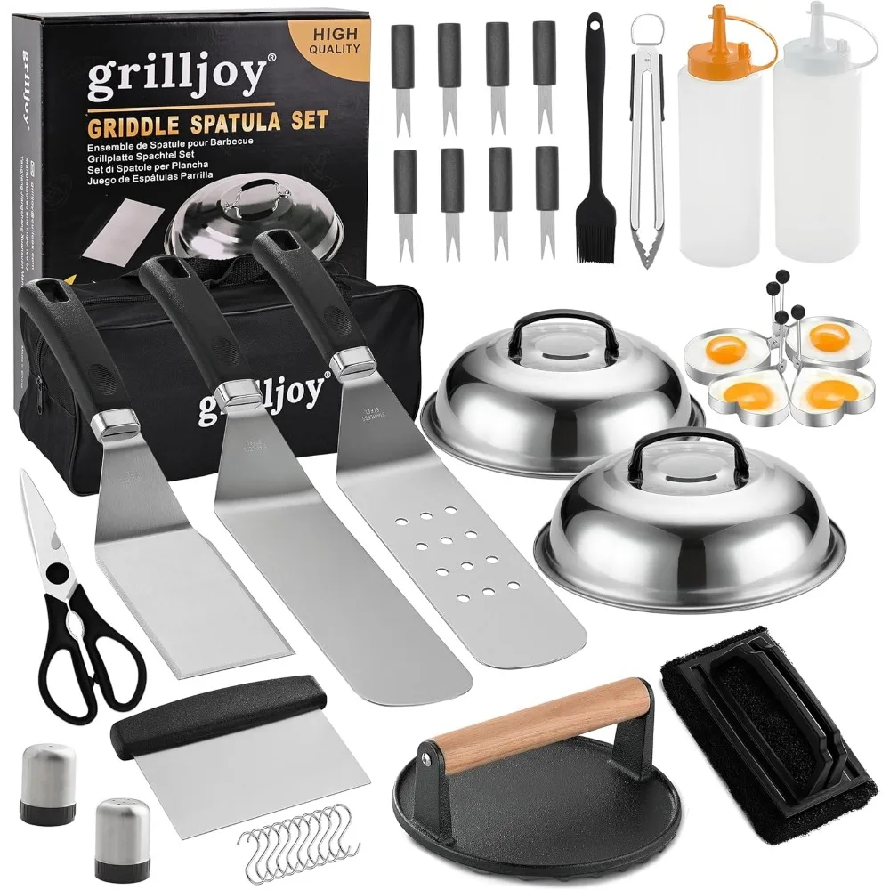 

grilljoy Professional Griddle Accessories Kit Set with Smash Burger Press - Extra Thick Grill Spatula, Turner, Flipper - 38PCS F